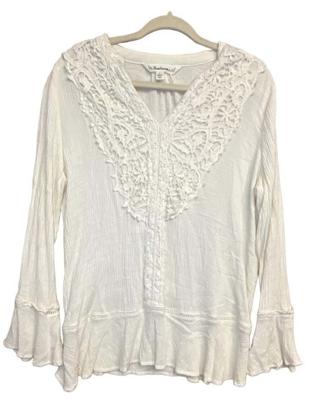 Fairycore Tantrums Blouse Size L White Crochet Lace Long Sleeve Peasant Top
